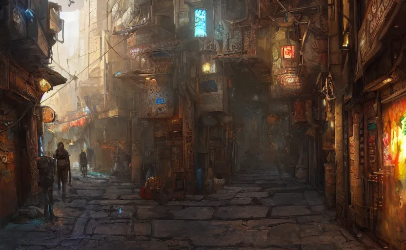 Image similar to cyberpunk medieval middle east alleyway, arabic, persian, dawn, market, little spice shops, technology, bazaar, steam punk, unreal engine 5, trending on art station, in the style of Pixar