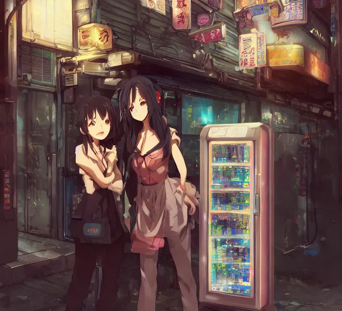 Image similar to Two beautiful anime women, standing in front of a vending machine outside of a Japanese convenience store, in a narrow Tokyo alleyway, gorgeous sunlight and shadows, D&D, fantasy, highly detailed, digital painting, artstation, concept art, sharp focus, illustration, in style of GUWEIZ and WLOP and NIXEU and Craig Mullins