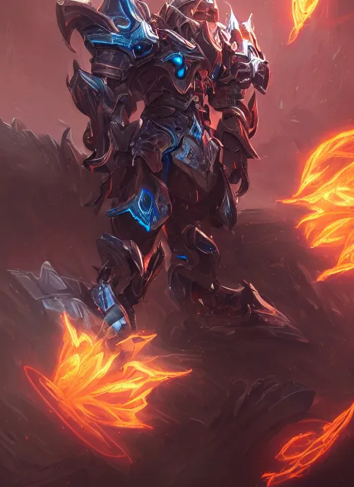 Prompt: a highly detailed illustration of cyber mechanical paladin with flaming plume, with arm blades, with light cracks throughout armor, dramatic charging pose, intricate, elegant, highly detailed, centered, digital painting, artstation, concept art, smooth, sharp focus, league of legends concept art, WLOP