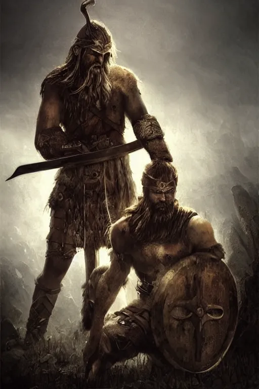 Image similar to aesthetic digital illustration of a defeated viking warrior on his knees by anne stokes, greg rutkowski, and brian belle din | dirty and bloody, concept art, character concept, matte background, golden ratio, rule of thirds, golden hour lighting, unreal engine, finalrender, centered, deviantart, artgerm