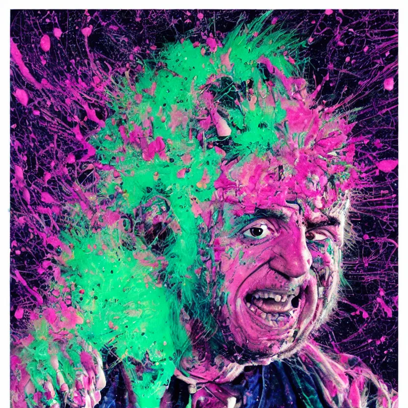 Prompt: close - up view of an ultraviolet mad scientist with crazy hair experimenting on an pink brain with splattered neon paint, highly detailed science fiction painting by norman rockwell, tim jacobus, simon bisley, and sanjulian. detailed texture, rich colors, high contrast, gloomy atmosphere, dark background. trending on artstation