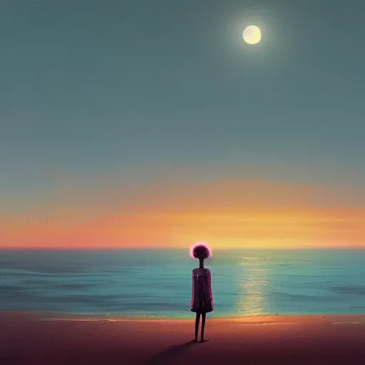 Prompt: a black girl with an afro standing on the shore of a vast endless opal ocean at sunset, by simon stalenhag