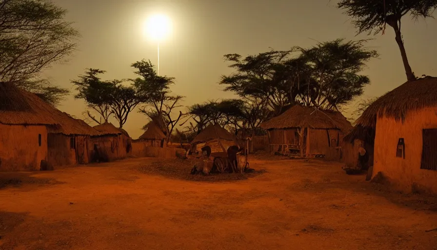 Image similar to an african village in the night, dramatic light, establishing shot