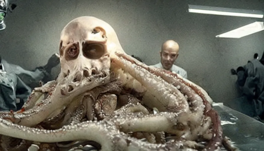 Image similar to Big budget horror movie about a cyborg doing an autopsy on a giant squid