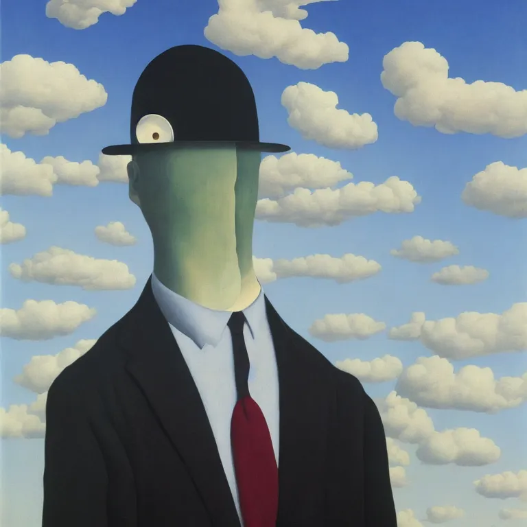 Image similar to portrait of a faceless shadow - head man in a suit, clouds in the background, by rene magritte, detailed painting, distance, middle centered, hd, hq, high resolution, high detail, 4 k, 8 k