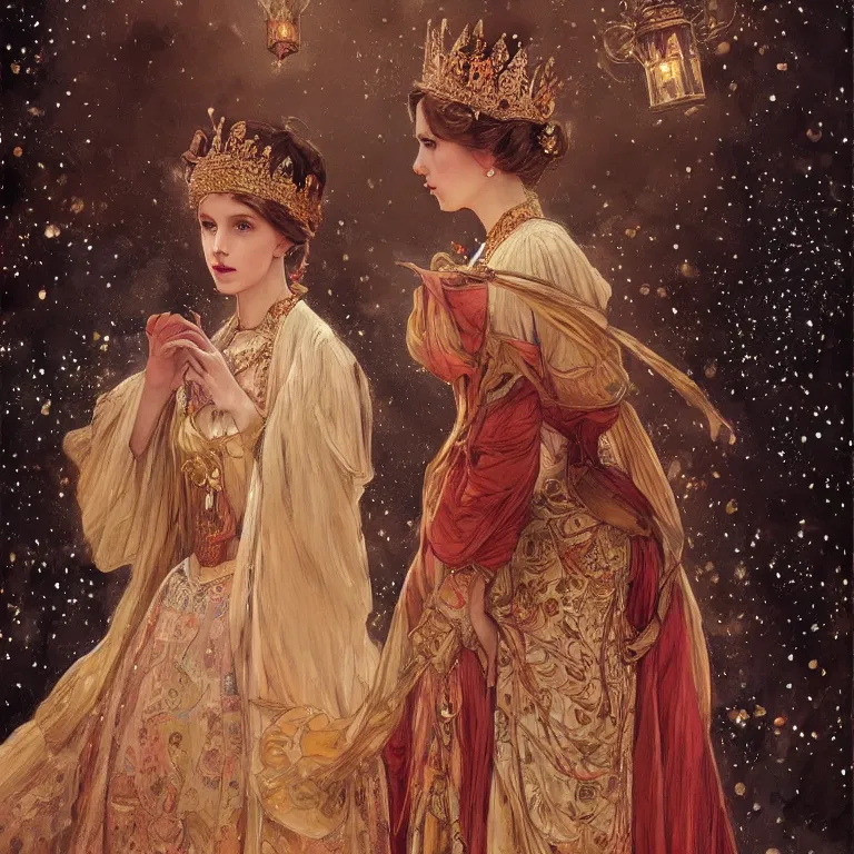 Prompt: a beautiful painting of a crowned princess in an ornate gown resembling millie bobby brown watching the lantern festival in ancient london, at night with a sky full of stars, intricate, elegant, highly detailed, digital painting, artstation, concept art, by krenz cushart and artem demura and alphonse mucha