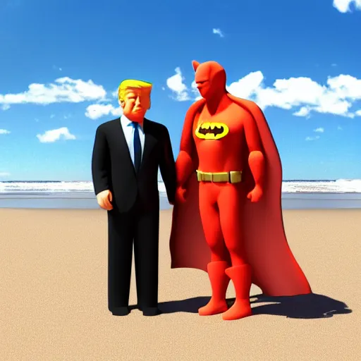 Image similar to 3 d render of batman and donald trump shaking hands on a sunny beach, 8 k, very intricate, very detailed,