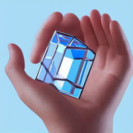 Prompt: a person's hand holding a 3 d model of a bismuth crystal, a computer rendering by erno rubik, featured on polycount, holography, quantum wavetracing, ray tracing, circuitry