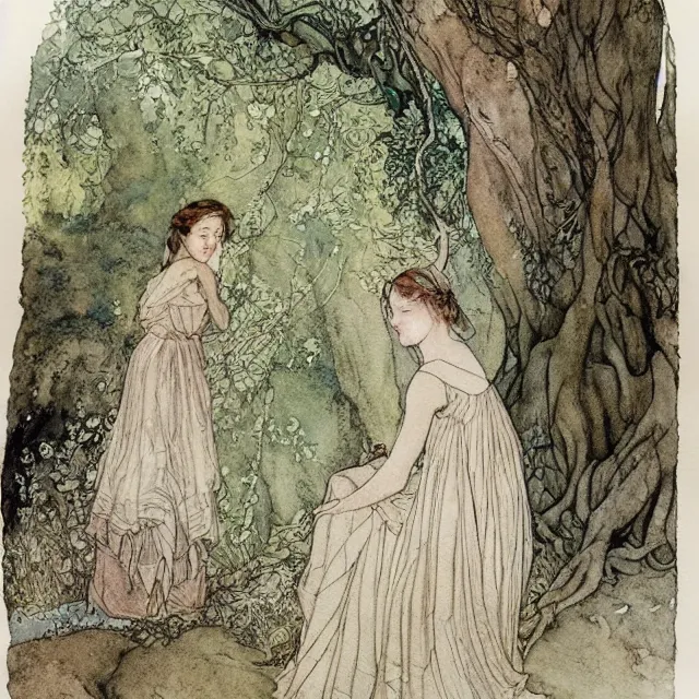 Prompt: a detailed, intricate watercolor and ink portrait illustration with fine lines, of a lovely, pretty, young alicia vikander in a dress reading under a gnarled tree, by arthur rackham and edmund dulac