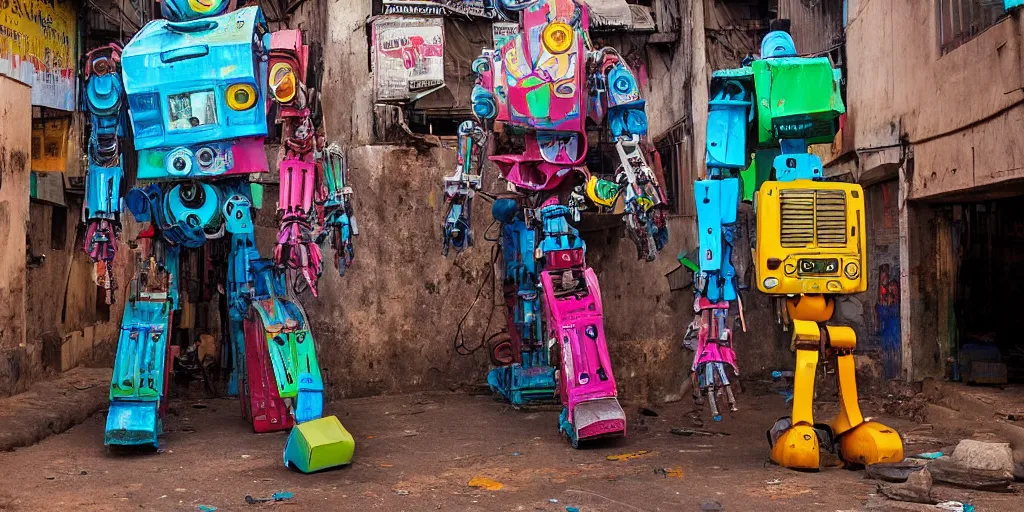 Image similar to colourful - damaged - giant mecha ROBOT of neon lit AJEGUNLE SLUMS of Lagos, markings on robot, Golden Hour,