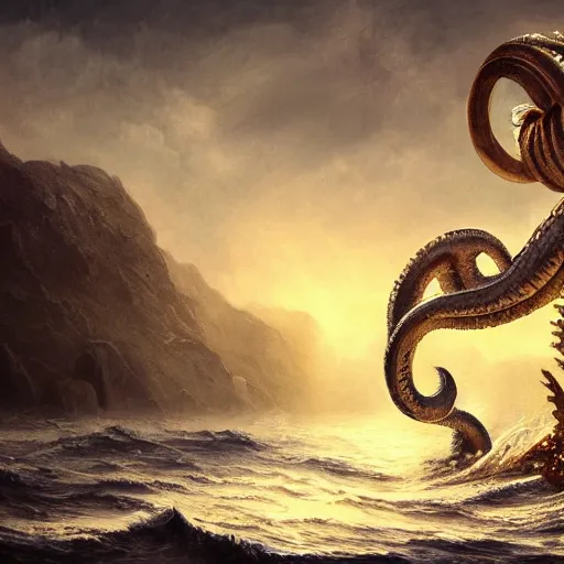 Prompt: epic painting of Moses parting the sea. a giant kraken is lurking on the sea floor, epic, concept Art, detailed, 4K