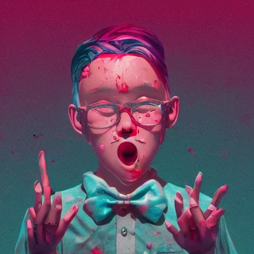 Image similar to born again christian tiktok influencer eating melting crayons and winking to their followers, in the style of james jean, artstation trending, 8 k, 3 d render, photorealistic, volumetric lighting caustics, pink