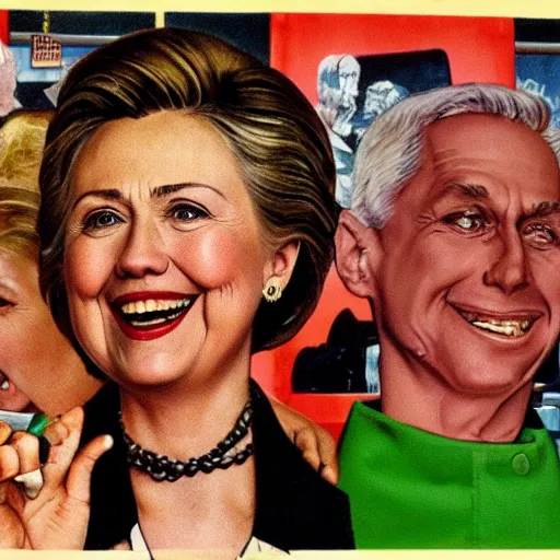 Image similar to hilary clinton super excited to be working at subway, sarcastic, by norman rockwell hyperrealism 8 k