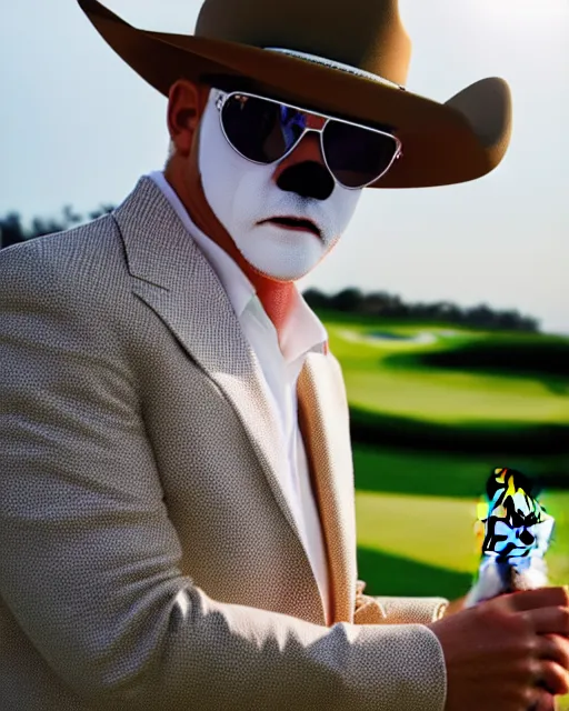 Prompt: close up photo of a fox animal wearing a white suit, white cowboy hat, and reflective sunglasses, fox animal smoking a cuban cigar, highly detailed photograph, smooth, global illumination, golf course in background, 8 5 mm f / 1. 4