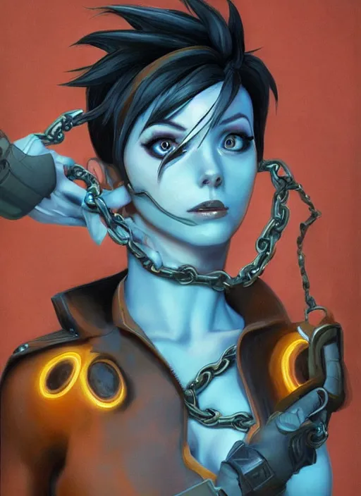 Prompt: full body painting of tracer from overwatch, in style of zdzisław beksinski, horror, 4 k, feminine facial features, black armor, black armor, detailed face, tall, ropes and chains in background