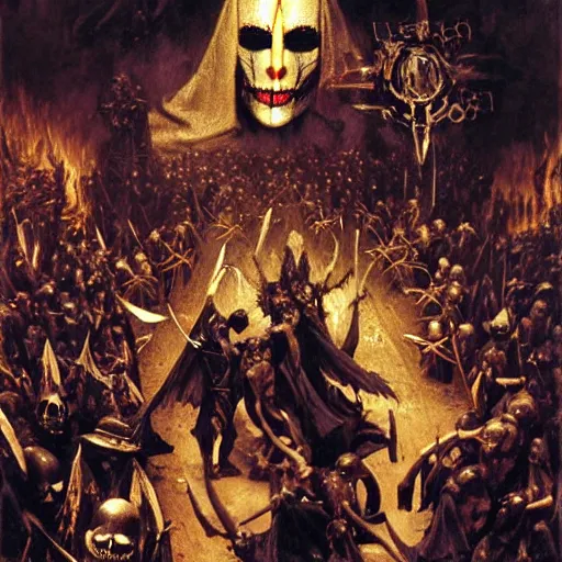 Prompt: dante's inferno, with people in black hooded tunic like in the film eyes wide shut of stanley kubrick, illuminati symbol, crows, skeletons, crosses, dark beauty, rotten gold, perfect faces, extremely detailed. highly detailed painting by gaston bussiere, craig mullins j. c. leyendecker 8 k