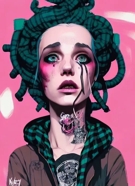 Image similar to highly detailed portrait of a sewer punk lady, tartan hoody, blonde ringlet hair by atey ghailan, by greg rutkowski, by greg tocchini, by james gilleard, by joe fenton, by kaethe butcher, gradient magenta, black, blonde cream and white color scheme, grunge aesthetic!!! ( ( graffiti tag wall background ) )