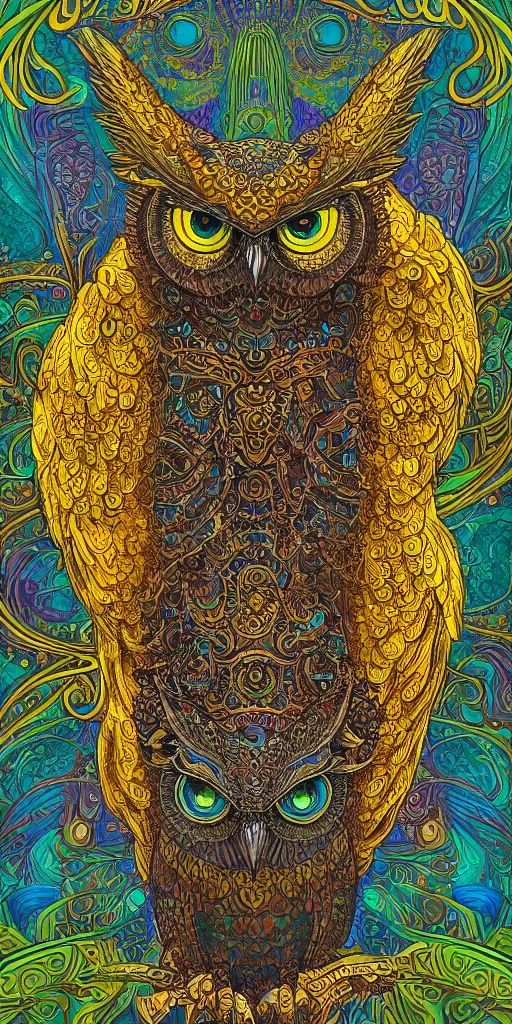 Image similar to intricate ornate of an owl with beautiful yellow eyes on a psychedelic journey in the style of android jones, symmetrical, sacred, ethereal, sacred geometry, hyper detailed, high detail, artstation, octane, unreal engine