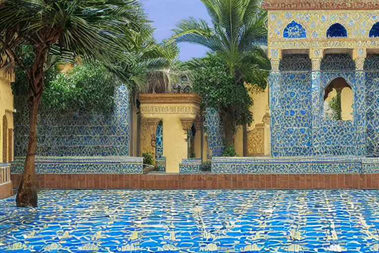 Image similar to beautiful moorish palace courtyard garden, by ludwig deutsch, patterned blue tilework, palm trees, tiled fountains, extremely detailed, dramatic lighting, smooth sharp focus