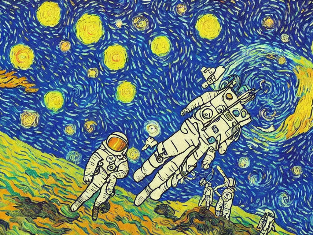 Image similar to bright beautiful oil painting of astronaut lands on a planet made of cartoon ghosts, light scatter, van gogh