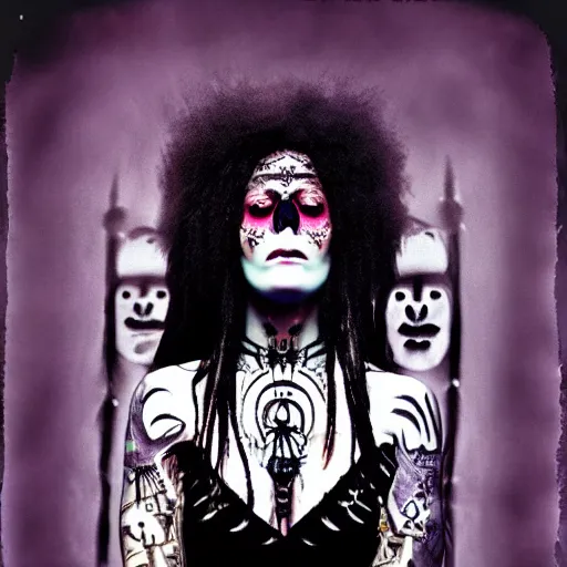 Image similar to dark voodoo priestress with neon tattoo sigils performing a sacred ritual, dark eerie backdrop, realistic digital art, inside a dark evil temple, polaroid pic by hyperrealism