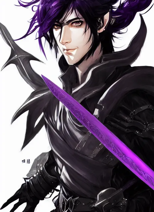 Image similar to Half body portrait of a handsome black haired elven warrior with purple sword. In style of Yoji Shinkawa and Hyung-tae Kim, trending on ArtStation, dark fantasy, great composition, concept art, highly detailed.