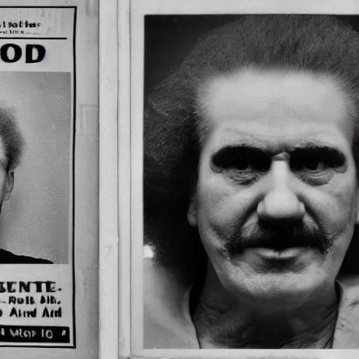 Prompt: ronald mcdonald mugshot in the newspaper, black and white newspaper, headline mugshot image of ronald mcdonald clown, clown mugshot, old fashioned photograph, criminal mugshot