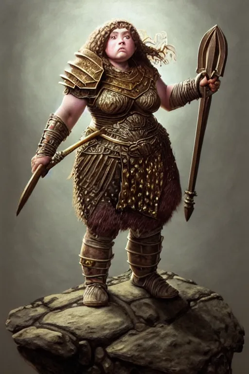 Image similar to hyperrealistic mixed media painting of a female dwarven cleric, chubby short stature, d&d, full body, weilding a mighty warhammer, stunning 3d render inspired art by P. Craig Russell and Barry Windsor-Smith + perfect facial symmetry + dim volumetric lighting, 8k octane beautifully detailed render, post-processing, extremely hyperdetailed, intricate, epic composition, grim yet sparkling atmosphere, cinematic lighting + masterpiece, trending on artstation, very very detailed, masterpiece, stunning