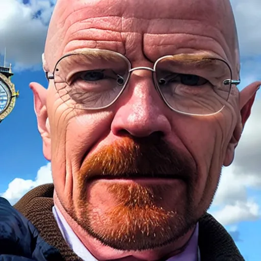 Image similar to walter white doing a selfie from the top of the big ben in london, realistic, cool, nice, beautiful