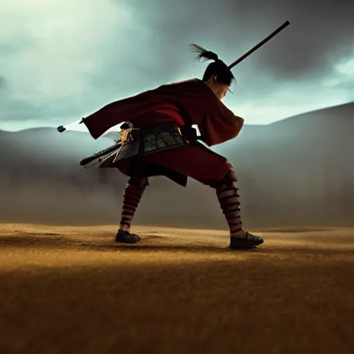 Image similar to samurai epic jump, movie shot, 35mm, feels epic, atmospheric, photo-real, 8K render, cinematic lighting