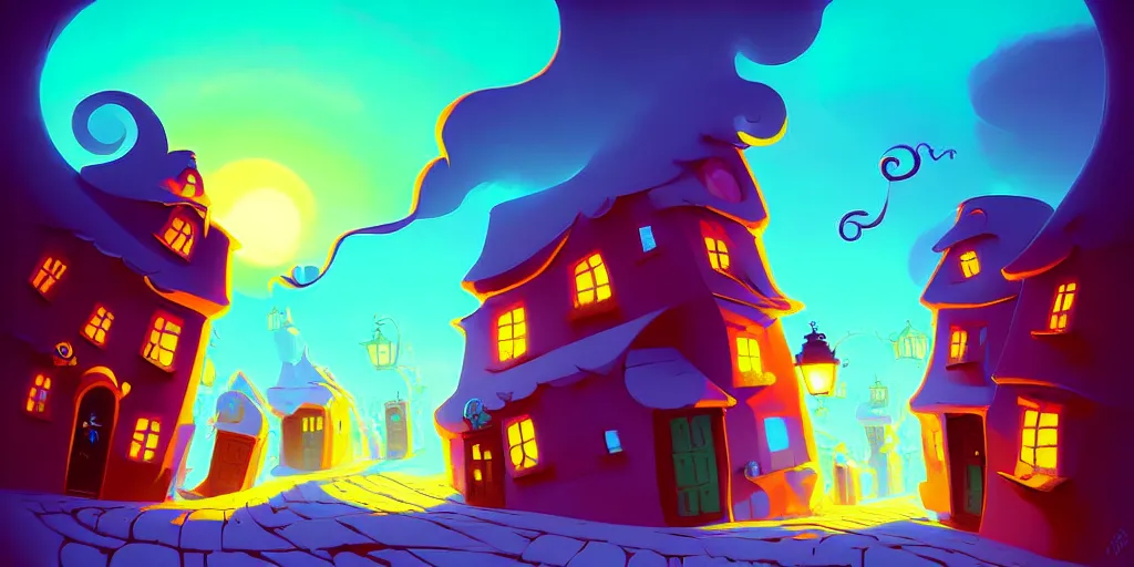 Prompt: curled perspective digital art of curvy clouds in a small village with a cobblestone street by anton fadeev from nightmare before christmas