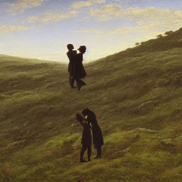 Prompt: adult dark - skinned man and woman kissing on the moorland, painting by caspar david friedrich