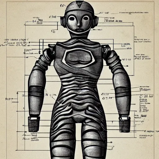 Image similar to technical drawing of ancient womanized!! humanoid robot, symmetrical, anatomically correct, full body length, old historical photo, ancient paper, photorealistic