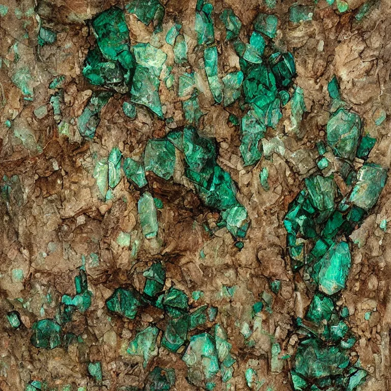 Prompt: big green emerald crystal gems embedded, worn decay texture, intricate concept art painting, fantasy, nature grotesque dark