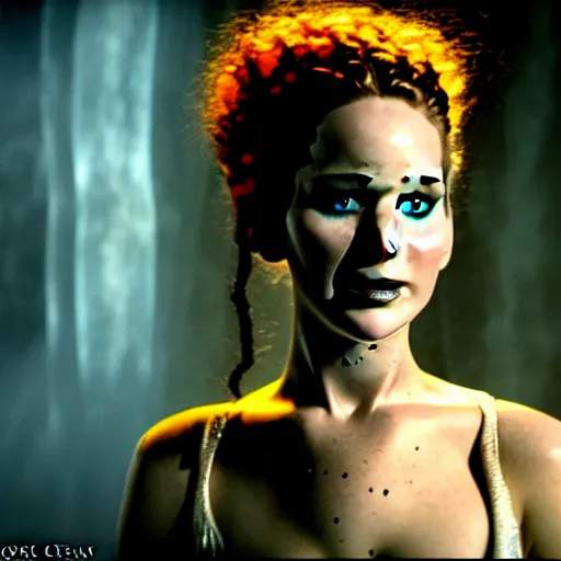 Image similar to jennifer lawrence as the bride of frankenstein, color photography, sharp detail, wicked smile, still from the movie underworld