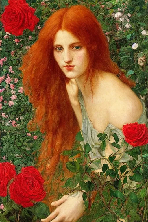 Prompt: red hair woman painting by dante gabriele rossetti, ruins with plants of roses in the background, beautiful oil painting from 1 8 5 0,