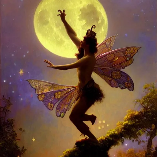 Image similar to attractive fairy magically floating high in the night, fantasy, full moon in background. highly detailed painting by gaston bussiere, craig mullins, j. c. leyendecker, mid shot, 8 k