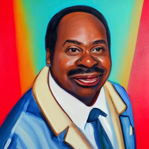 Prompt: ( ( ( portrait of leslie david baker as stanley hudson of the office television series ) ) ) a painting by igor kazarin, head to waist, light coming from the right side, red background