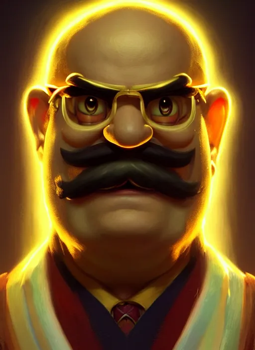 Image similar to portrait of wario from the legend of zelda, intricate, elegant, glowing lights, highly detailed, digital painting, artstation, concept art, sharp focus, illustration, art by wlop, mars ravelo and greg rutkowski