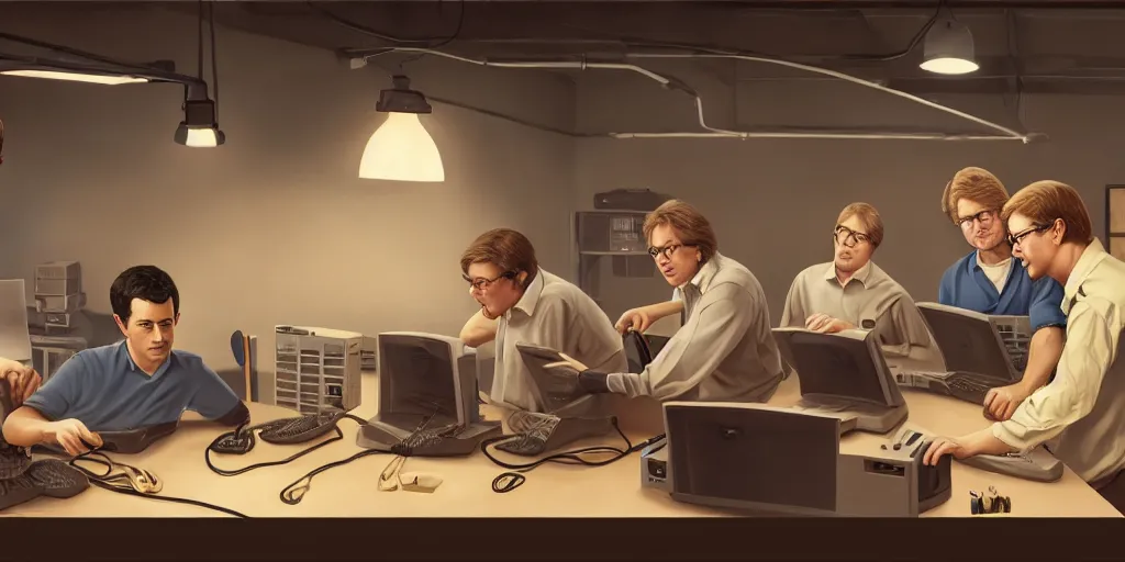 Prompt: four men building computers, young rick morris, young james spader with blond hair, young tim robbins with a bushy brown beard, pete buttigieg, and bill freeland, far future, highly detailed, trending on artstation, intricate, cinematic composition, by rutkowski