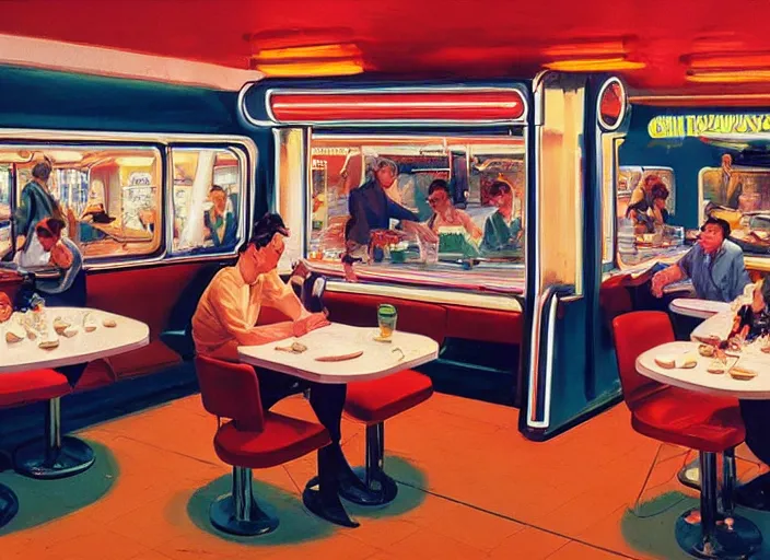Image similar to diorama, diner, 1950s,jukebox,8K, by syd mead