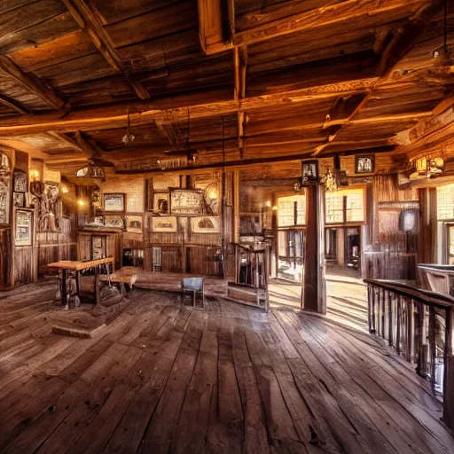 Image similar to Empty Old West Saloon at the break of day with a Grand Piano and Staircase, dust particles in the air, god beams coming through the windows, hyper realistic, HD, DLSR Camera