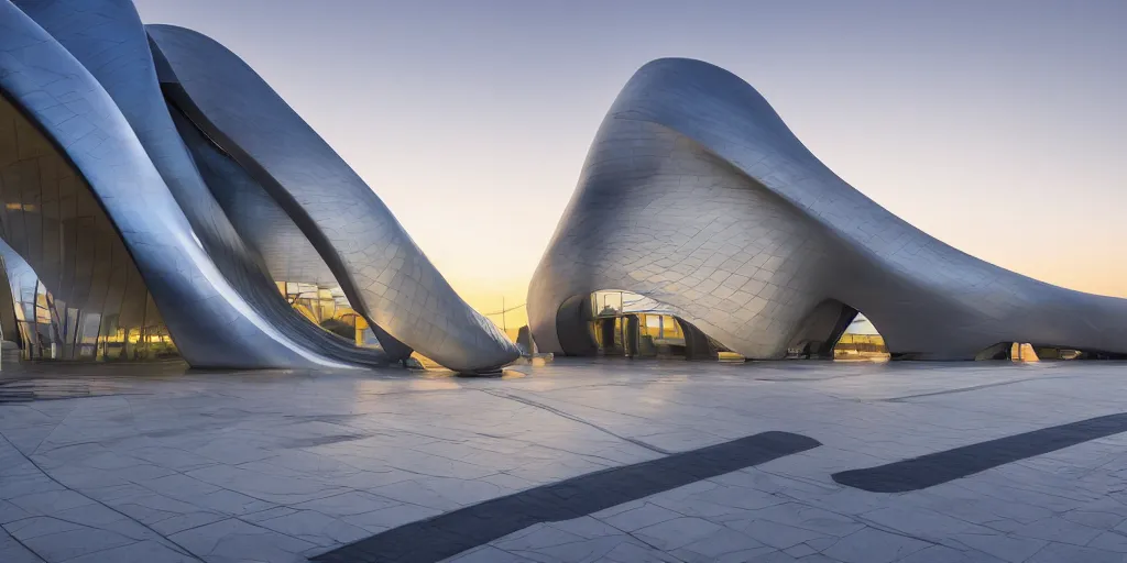 Prompt: extremely elegant smooth detailed stunning sophisticated beautiful elegant futuristic museum exterior by Zaha Hadid, smooth curvilinear design, stunning volumetric light, stainless steel, concrete, translucent material, beautiful sunset, tail lights