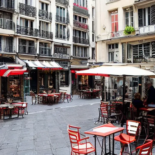 Prompt: une rue de paris vide en 1 7 4 0 avec des voitures garees, un restaurant avec une terrasse, des boutiques avec des neons, en debut de matinee