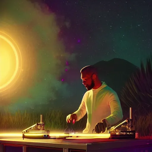 Image similar to A man djing at night under the stars, beautiful, digital art, artstation, hyperrealistic, 8k, unreal engine, octane render, trending on artstation, art by Artgerm and Greg Rutkowski and Alphonse Mucha and Beeple