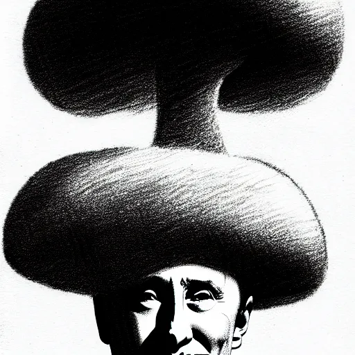 Prompt: vladimir putin as a mushroom cloud, cartoonish, ultra detailed pencil drawing