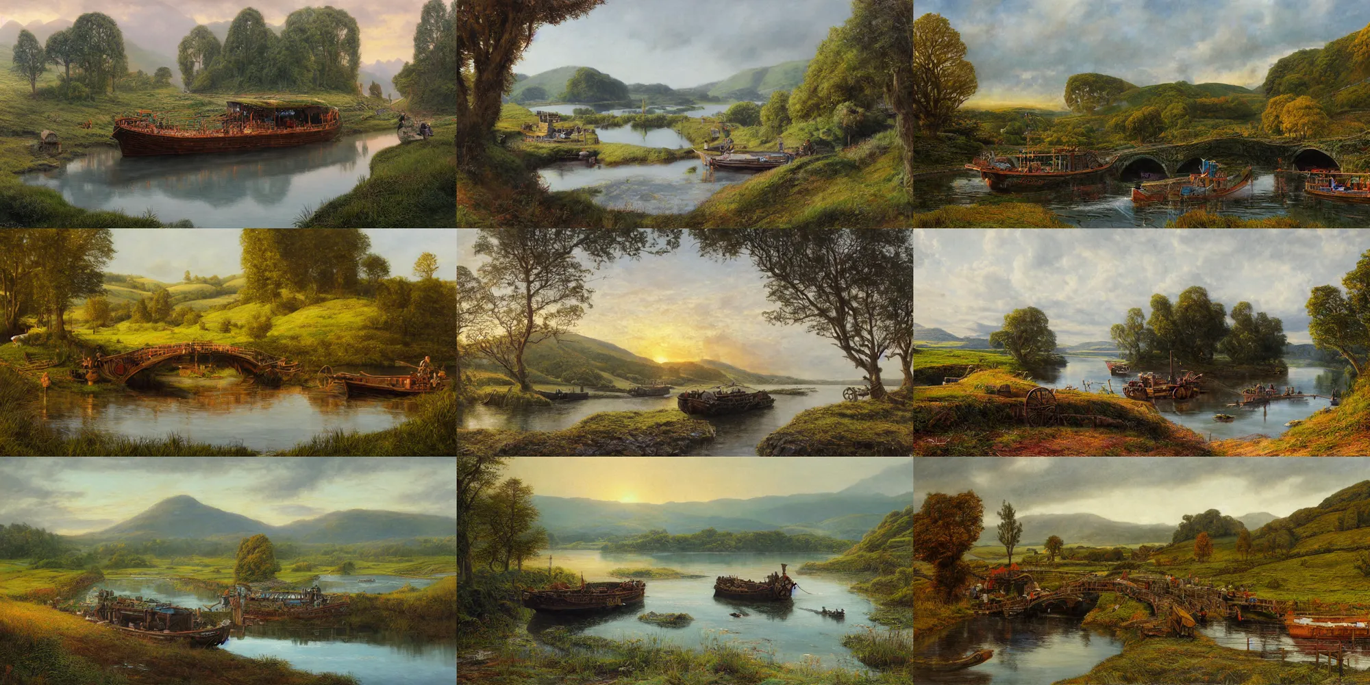 Prompt: bucklebury ferry, left side shows a flat wooden ferry loaded with goods, by alan lee, side shows mirror like water on a great river, rolling hills and hobbit holes in the background, sunrise, concept art, detailed trees in bloom, art station, oil painting