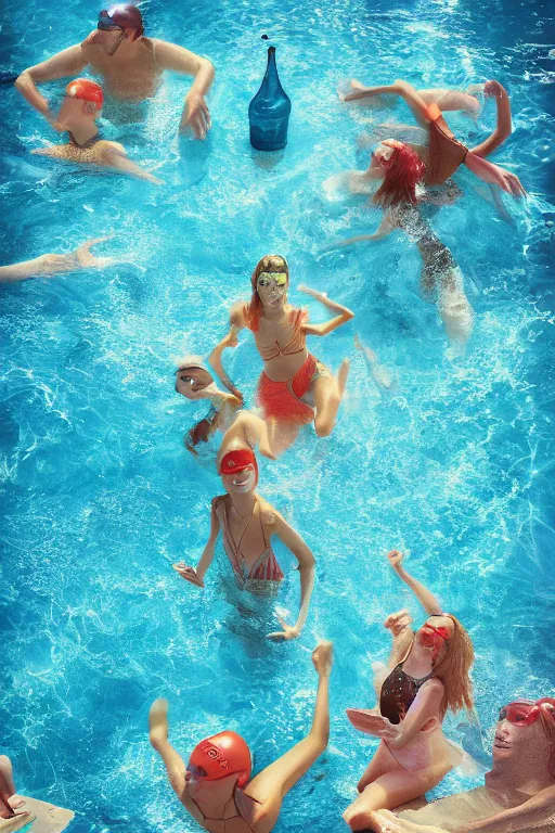 Image similar to summer swimming party, dark fantasy, photorealistic, octane render