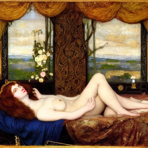 Image similar to preraphaelite photography reclining on bed, a hybrid of judy garland and a hybrid of madame de sevigne and eleanor of aquitaine, aged 2 5, big brown fringe, yellow ochre ornate medieval dress, john william waterhouse, kilian eng, rosetti, john everett millais, william holman hunt, william morris, 4 k