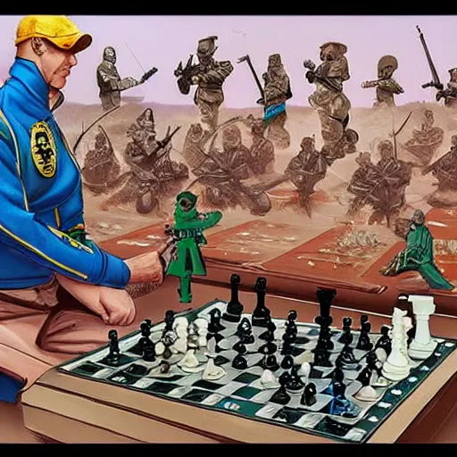 Image similar to two generals playing chess with toy army men, artwork by moebius, artgerm and artstation